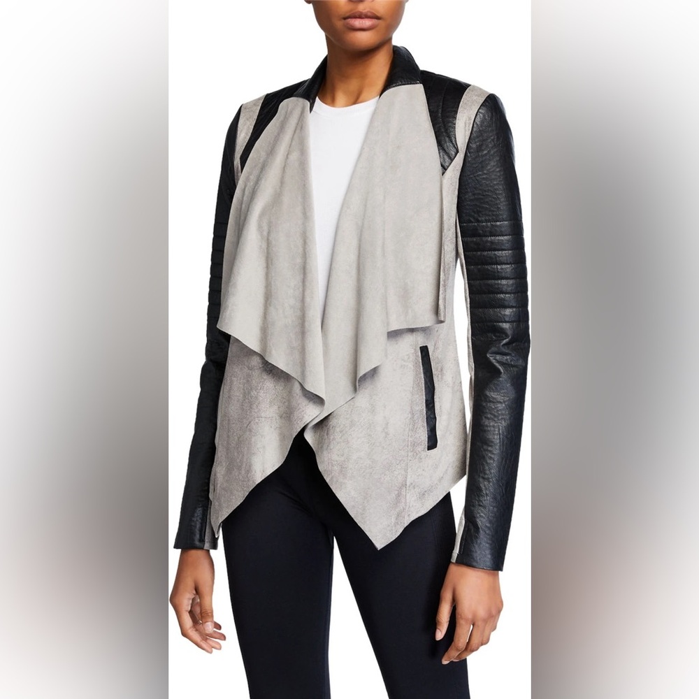 Blanc Noir Drape Moto Jacket Gray‎ Faux Leather Quilted Sleeves Boho